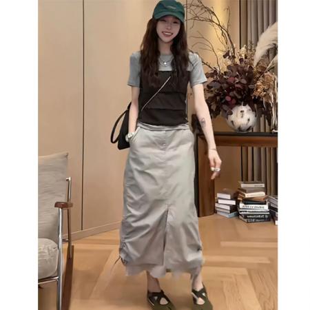BY22820# 夏季时尚气质减龄韩系设计感假两件上衣T恤半身裙两件套  服裝批發女裝批發服飾貨源