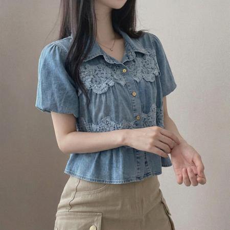 BY22821# 夏chic法式双层蕾丝衬衣娃娃领薄款减龄百搭牛仔衬衫T恤  服裝批發女裝批發服飾貨源