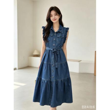 BY22822# 韩国夏系带收腰百搭休闲木耳袖连衣裙  服裝批發女裝批發服飾貨源