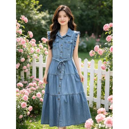 BY22822# 韩国夏系带收腰百搭休闲木耳袖连衣裙  服裝批發女裝批發服飾貨源