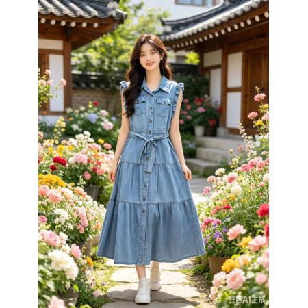 BY22822# 韩国夏系带收腰百搭休闲木耳袖连衣裙  服裝批發女裝批發服飾貨源