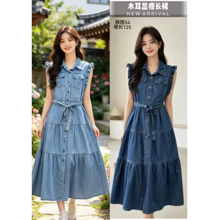 BY22822# 韩国夏系带收腰百搭休闲木耳袖连衣裙  服裝批發女裝批發服飾貨源