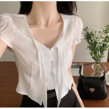 BY22823# 韩国ins甜美气质系带短袖衬衫  服裝批發女裝批發服飾貨源