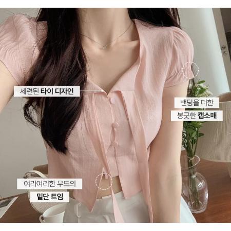 BY22823# 韩国ins甜美气质系带短袖衬衫  服裝批發女裝批發服飾貨源