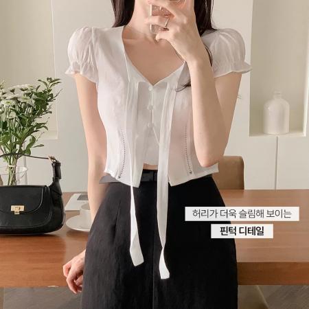 BY22823# 韩国ins甜美气质系带短袖衬衫  服裝批發女裝批發服飾貨源