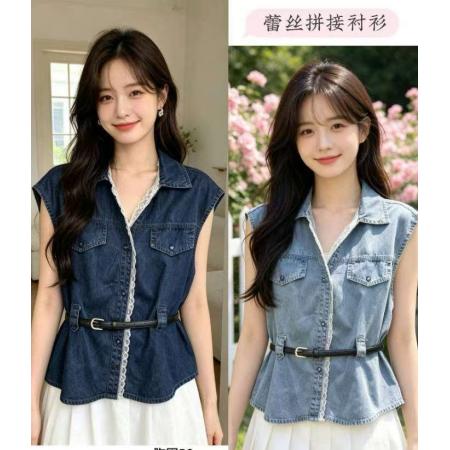 BY22826# 新款韩版蕾丝拼接百搭无袖牛仔衬衫系腰带马甲上衣女  服裝批發女裝批發服飾貨源