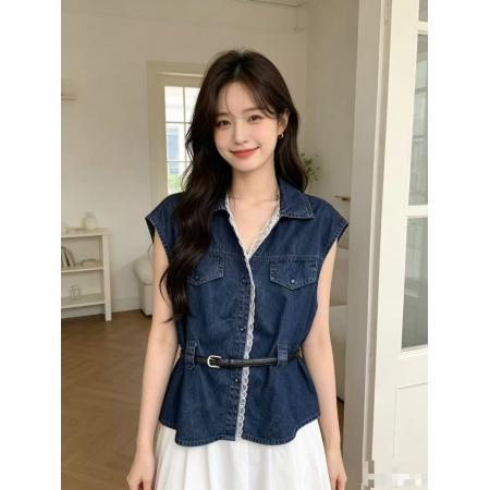 BY22826# 新款韩版蕾丝拼接百搭无袖牛仔衬衫系腰带马甲上衣女  服裝批發女裝批發服飾貨源