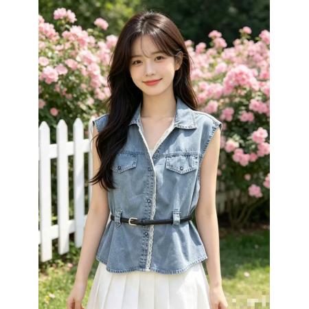 BY22826# 新款韩版蕾丝拼接百搭无袖牛仔衬衫系腰带马甲上衣女  服裝批發女裝批發服飾貨源
