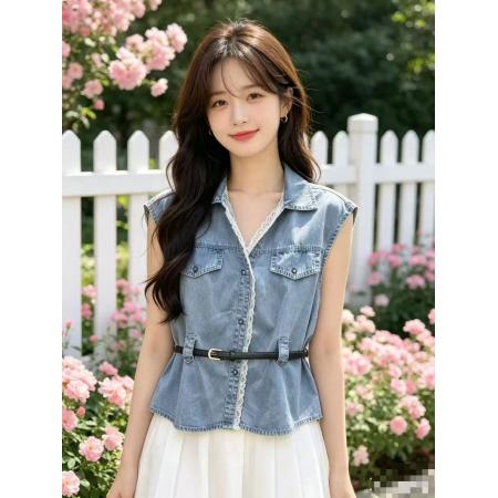 BY22826# 新款韩版蕾丝拼接百搭无袖牛仔衬衫系腰带马甲上衣女  服裝批發女裝批發服飾貨源