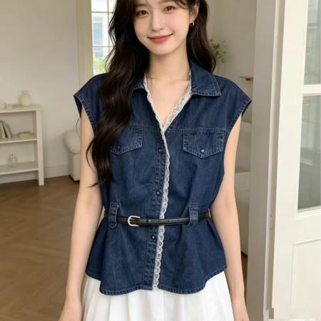 BY22826# 新款韩版蕾丝拼接百搭无袖牛仔衬衫系腰带马甲上衣女  服裝批發女裝批發服飾貨源