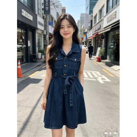 BY22827# 韩国夏系带束腰百搭无袖连衣裙  服裝批發女裝批發服飾貨源