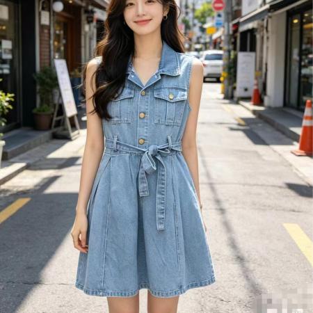 BY22827# 韩国夏系带束腰百搭无袖连衣裙  服裝批發女裝批發服飾貨源