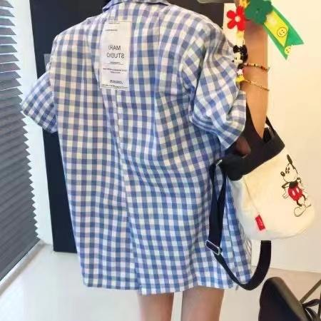 BY22828# 韩国宽松大码贴标薄款短袖中长款格子西装外套女  服裝批發女裝批發服飾貨源