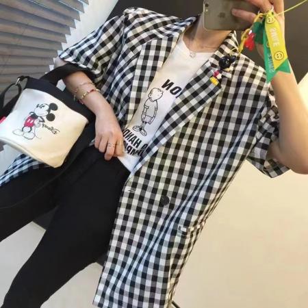 BY22828# 韩国宽松大码贴标薄款短袖中长款格子西装外套女  服裝批發女裝批發服飾貨源