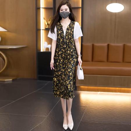 BY22839# 大码女装夏季新款减龄时尚洋气连衣裙宽松遮肚显瘦裙子  服裝批發女裝批發服飾貨源