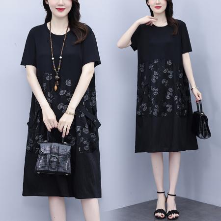 BY22845# 大码女装夏季新款减龄时尚洋气连衣裙宽松遮肚显瘦裙子  服裝批發女裝批發服飾貨源