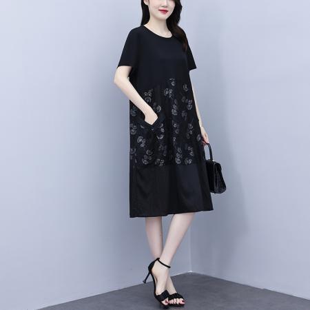 BY22845# 大码女装夏季新款减龄时尚洋气连衣裙宽松遮肚显瘦裙子  服裝批發女裝批發服飾貨源