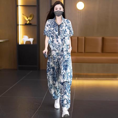 BY22856# 夏季新款洋气大码女装套装胖MM时尚宽松显瘦哈伦裤两件套  服裝批發女裝批發服飾貨源