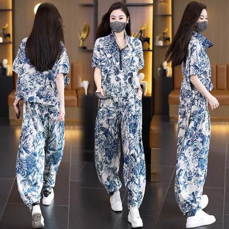 BY22856# 夏季新款洋气大码女装套装胖MM时尚宽松显瘦哈伦裤两件套  服裝批發女裝批發服飾貨源