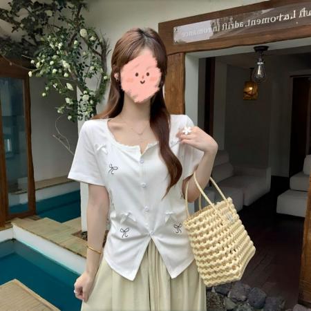 BY22869# 棉夏季新款温柔蕾丝花边蝴蝶结短袖T恤  服裝批發女裝批發服飾貨源