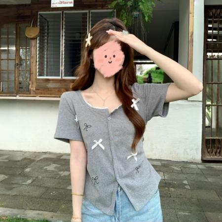 BY22869# 棉夏季新款温柔蕾丝花边蝴蝶结短袖T恤  服裝批發女裝批發服飾貨源