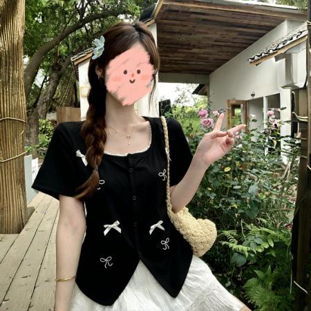 BY22869# 棉夏季新款温柔蕾丝花边蝴蝶结短袖T恤  服裝批發女裝批發服飾貨源