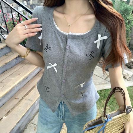 BY22869# 棉夏季新款温柔蕾丝花边蝴蝶结短袖T恤  服裝批發女裝批發服飾貨源
