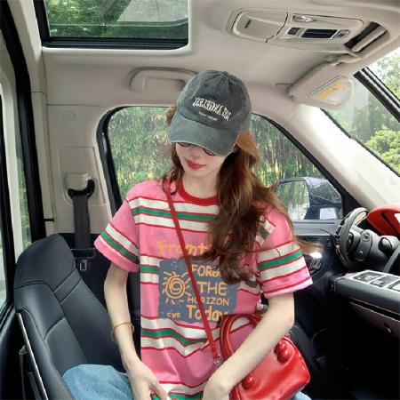 BY22870# 棉色织条后包领精棉螺纹领纯棉宽松短袖T恤女  服裝批發女裝批發服飾貨源