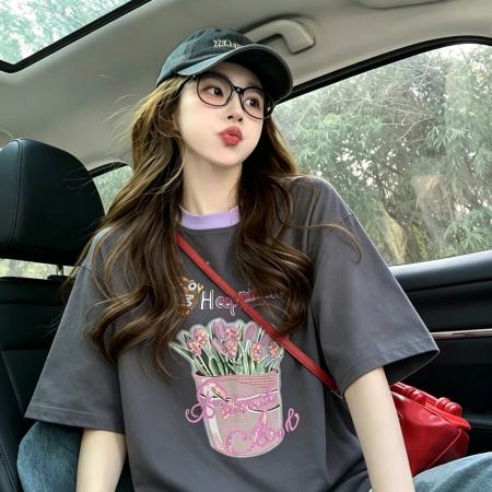BY22871# 纯棉特大码300斤后包领印花+刺绣亮片短袖t恤女  服裝批發女裝批發服飾貨源