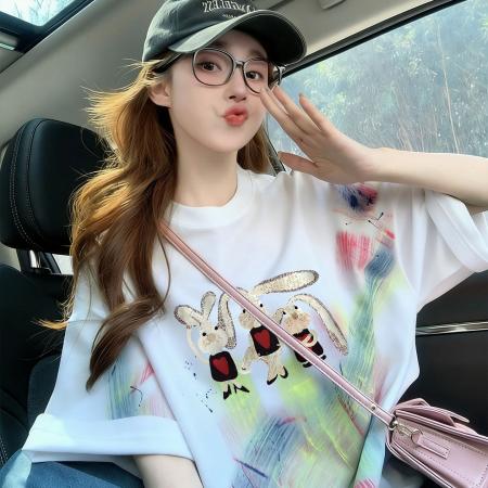 BY22872# 棉后包领宽松短袖T恤女可爱风卡通减龄上衣潮  服裝批發女裝批發服飾貨源