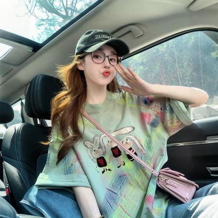 BY22872# 棉后包领宽松短袖T恤女可爱风卡通减龄上衣潮  服裝批發女裝批發服飾貨源
