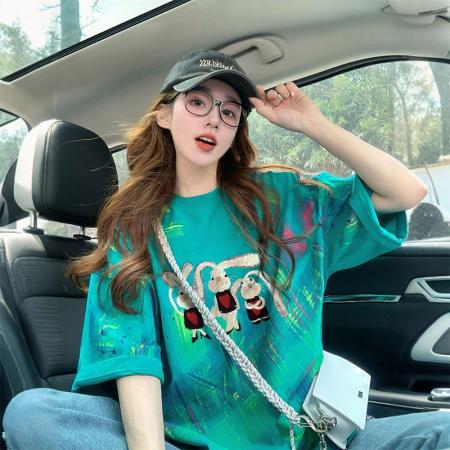 BY22872# 棉后包领宽松短袖T恤女可爱风卡通减龄上衣潮  服裝批發女裝批發服飾貨源