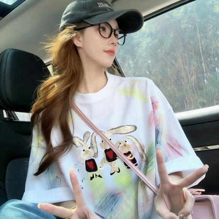 BY22872# 棉后包领宽松短袖T恤女可爱风卡通减龄上衣潮  服裝批發女裝批發服飾貨源
