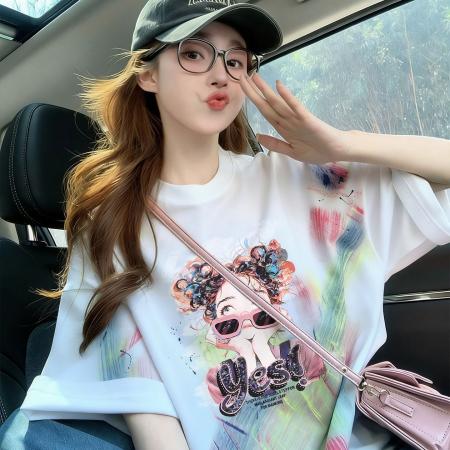 BY22873# 棉后包领扎染短袖t恤女欧货洋气印花大版宽松上衣  服裝批發女裝批發服飾貨源