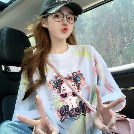 BY22873# 棉后包领扎染短袖t恤女欧货洋气印花大版宽松上衣  服裝批發女裝批發服飾貨源