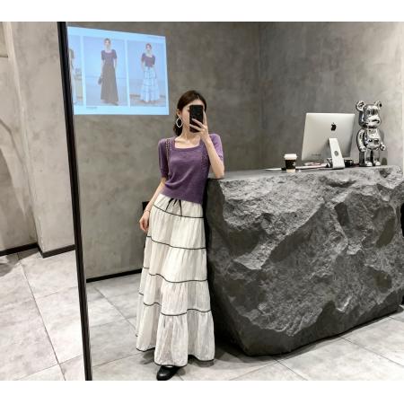BY22906# 时尚镂空方领洋气短袖针织衫女显瘦气质小众上衣+白色蕾丝网纱裙  服裝批發女裝批發服飾貨源