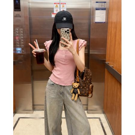 BY22908# 纯欲灰色u领小飞袖短袖t恤女夏季新款巨好看的修身上衣不撞款  服裝批發女裝批發服飾貨源