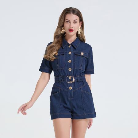 时尚牛仔衬衫金属扣修身高腰连体裤立体多口袋裤 服裝批發女裝批發服飾貨源