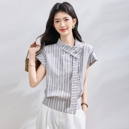 BY23008# 夏季新款条纹短袖衬衫女上衣夏小衫 服裝批發女裝批發服飾貨源