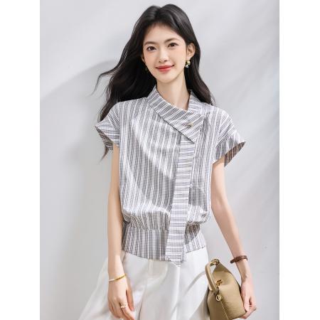 BY23008# 夏季新款条纹短袖衬衫女上衣夏小衫 服裝批發女裝批發服飾貨源