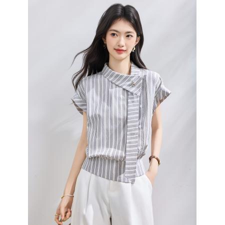 BY23008# 夏季新款条纹短袖衬衫女上衣夏小衫 服裝批發女裝批發服飾貨源