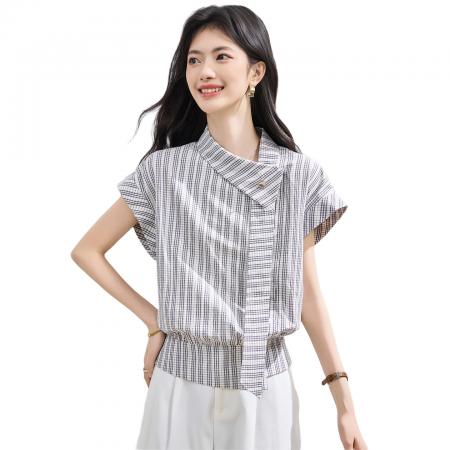 BY23008# 夏季新款条纹短袖衬衫女上衣夏小衫 服裝批發女裝批發服飾貨源