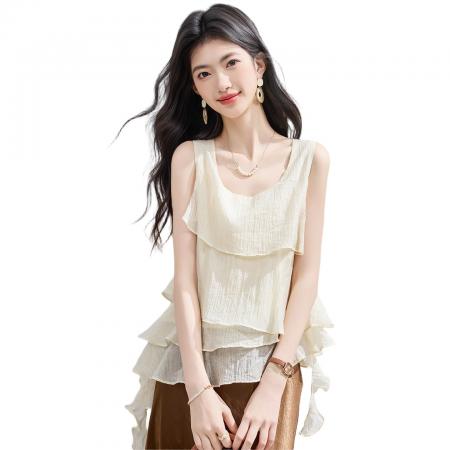BY23009# 夏季不规则荷叶边无袖衬衫女上衣夏季小衫 服裝批發女裝批發服飾貨源