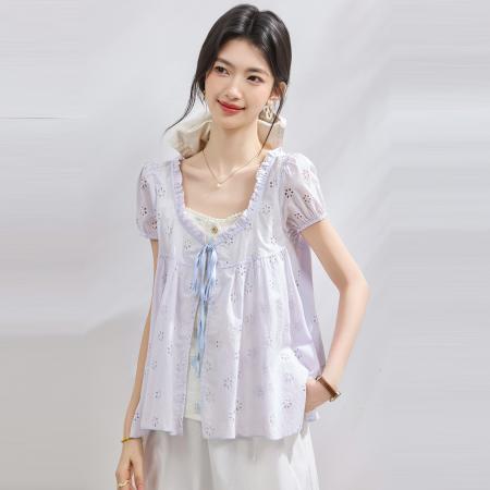 BY23015# 拼接撞色假两件短袖衬衫女夏季新款设计感法式甜美娃娃衫上衣 服裝批發女裝批發服飾貨源