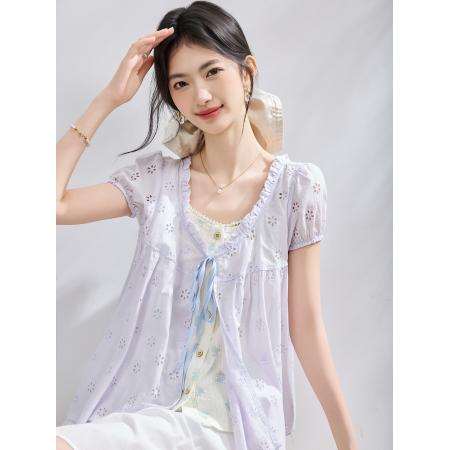 BY23015# 拼接撞色假两件短袖衬衫女夏季新款设计感法式甜美娃娃衫上衣 服裝批發女裝批發服飾貨源