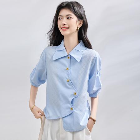 BY23017# 夏季新款韩版百搭不规则短袖衬衫女休闲小众设计感上衣 服裝批發女裝批發服飾貨源