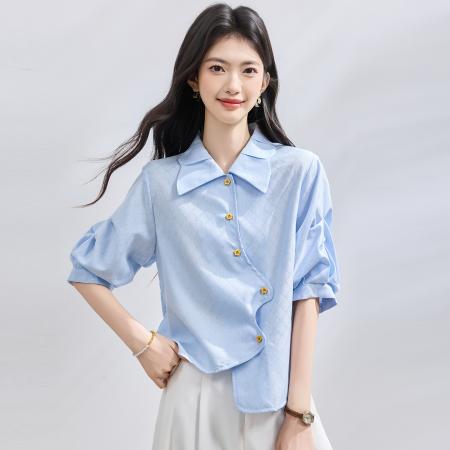 BY23017# 夏季新款韩版百搭不规则短袖衬衫女休闲小众设计感上衣 服裝批發女裝批發服飾貨源