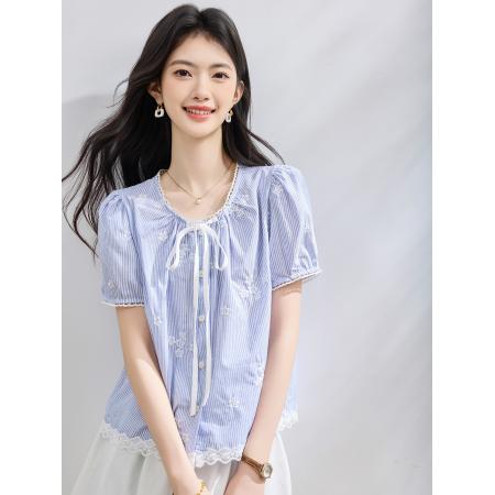 BY23019# 夏季新款圆领拼接绣花短袖衬衫女上衣夏小衫 服裝批發女裝批發服飾貨源