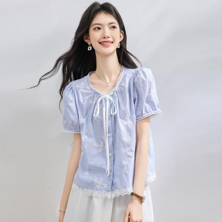 BY23019# 夏季新款圆领拼接绣花短袖衬衫女上衣夏小衫 服裝批發女裝批發服飾貨源