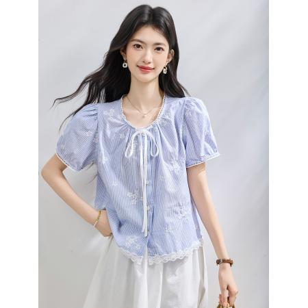 BY23019# 夏季新款圆领拼接绣花短袖衬衫女上衣夏小衫 服裝批發女裝批發服飾貨源